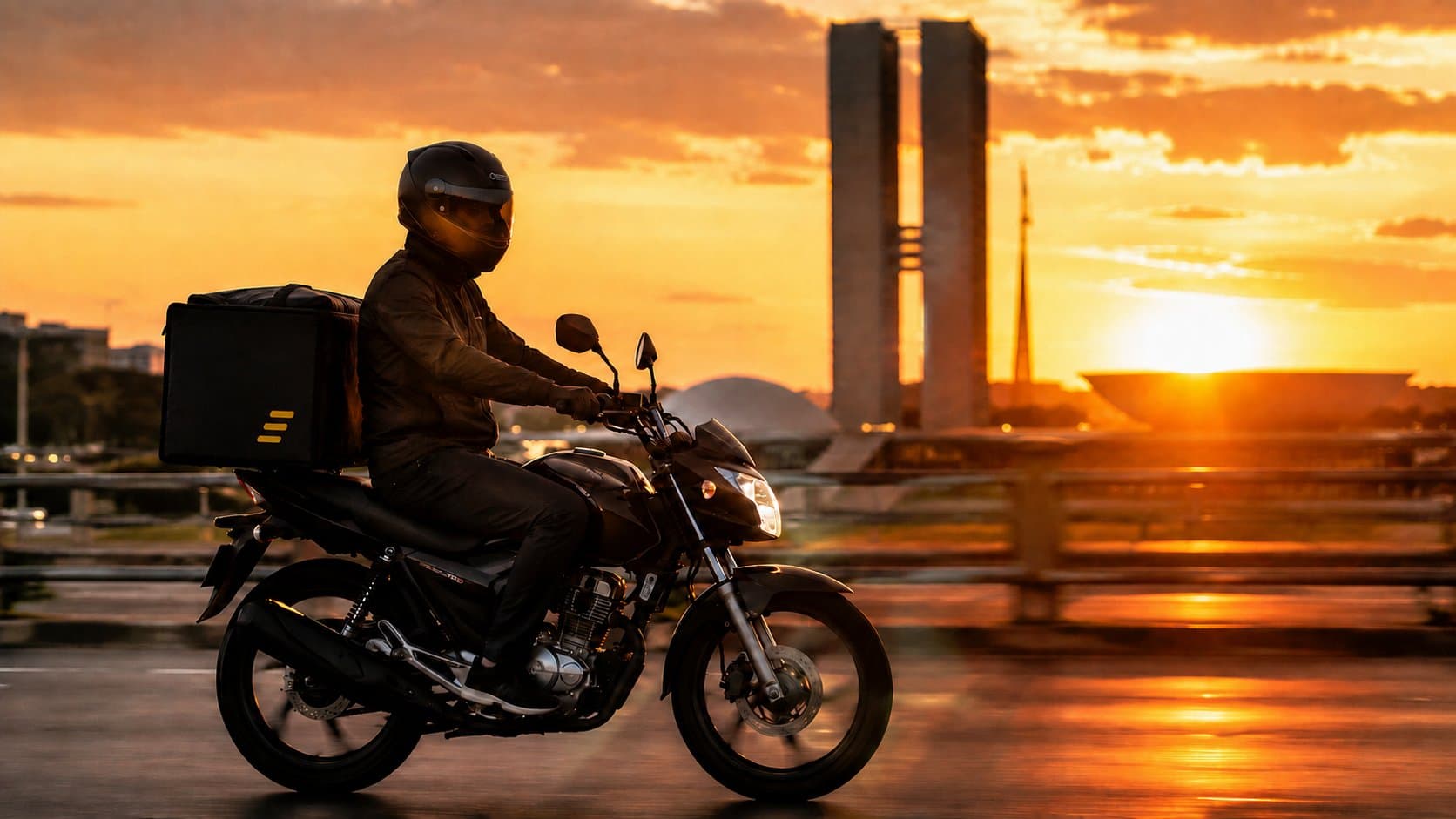 Motoboy parceiro da VELO MOBI passando pela Esplanada dos Ministérios em Brasília ao entardecer